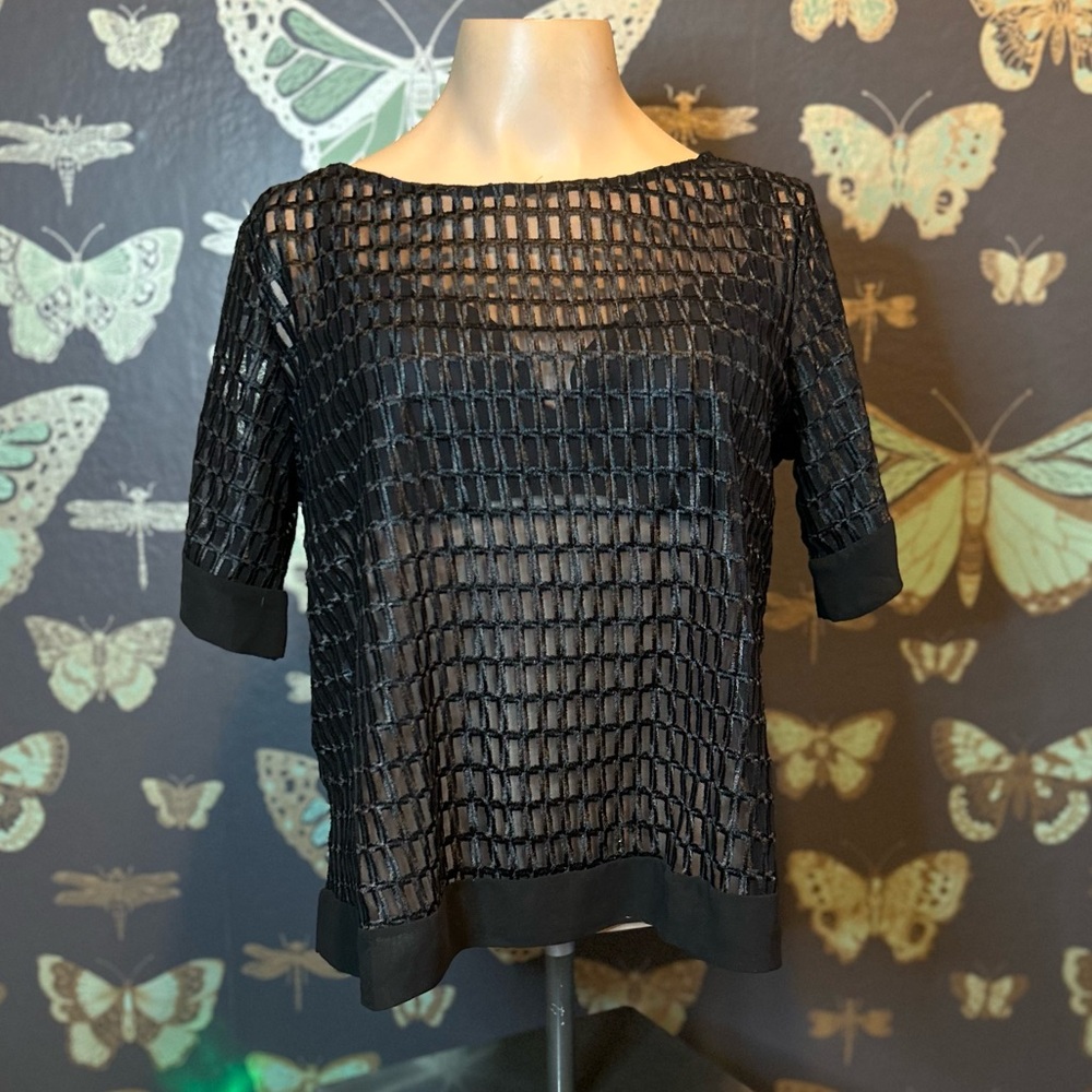 Banana Republic Black Mesh Women's Top Elbow Sleeve Boat Neck